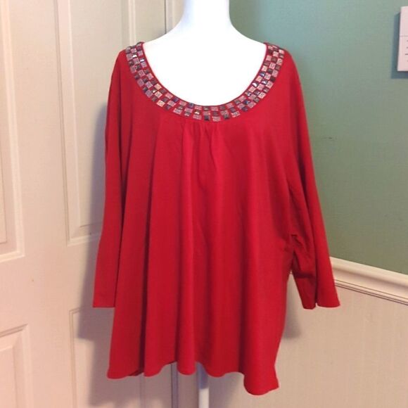 ESSENTIALS 3X red holiday top 3/4 sleeves embellishments jeweled shirt Valentine - Picture 1 of 9